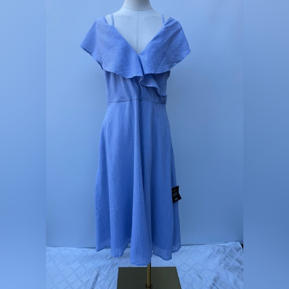 Lulus Blue & White Stripes Ruffle Off Shoulder Flutter Sleeves Dress Size XL - Picture 4 of 14